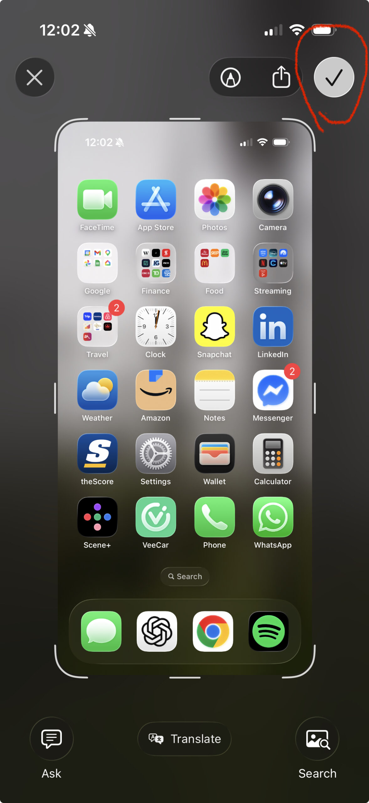 iPhone Screenshot Save Checkmark iPhone screenshot preview with save to photos checkmark highlighted