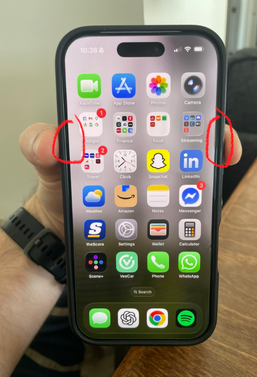 iPhone Screenshot Dual Button Press Side button and volume up button highlighted on iPhone to take a screenshot