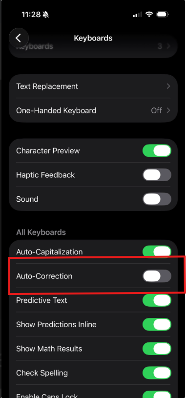 iPhone Keyboard settings screen showing Auto-Correction toggle turned off and highlighted in red