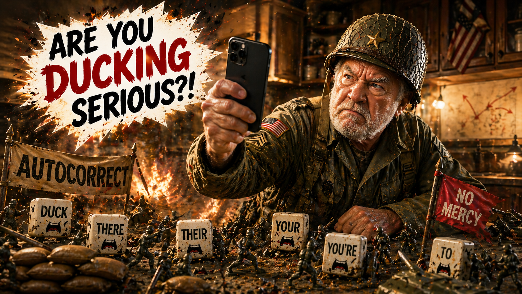 Older man in military-style outfit holding an iPhone like a weapon, frustrated as autocorrect errors appear during texting