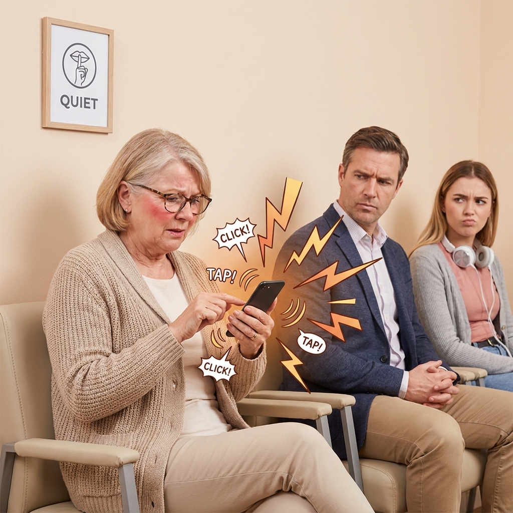 Senior woman typing on iPhone in a quiet doctor's waiting room with visible click and tap sound effects while other patients look on with visible annoyance