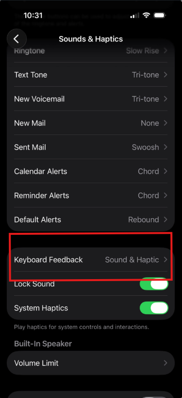 iPhone Sounds and Haptics settings showing Keyboard Feedback option highlighted in red