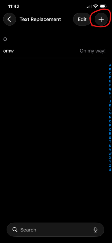 iPhone Text Replacement screen showing the plus button in the top right corner highlighted with a red circle
