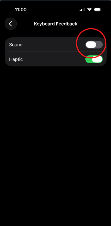 iPhone Keyboard Feedback screen showing Sound toggle turned off and Haptic toggle on