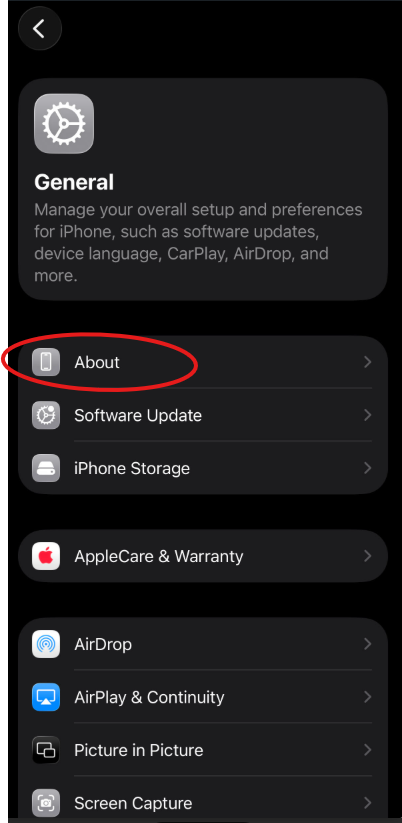 iPhone Settings General menu showing About option highlighted