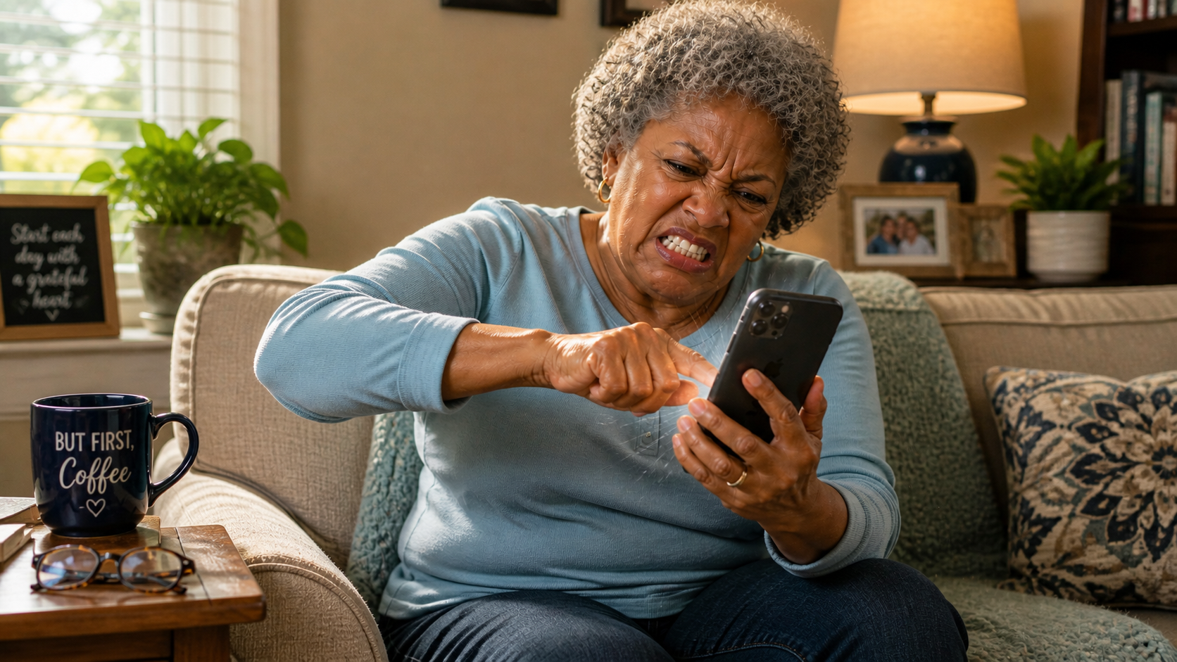 Older woman frustrated with frozen iPhone, tapping screen repeatedly when phone is not responding