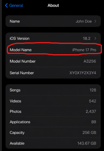 iPhone About screen showing Model Name iPhone 17 Pro with device name John Doe