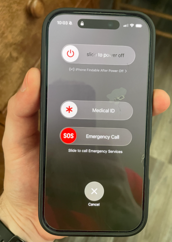 iPhone screen showing the “slide to power off” option with Medical ID and Emergency Call options visible