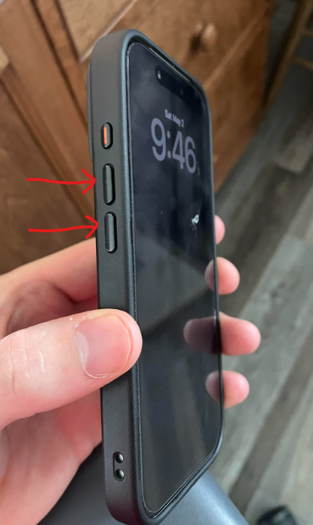 Close-up of iPhone side showing volume up and volume down buttons highlighted