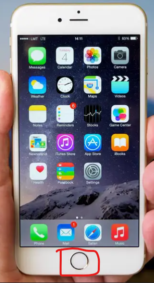 iPhone with a round Home button visible at the bottom of the screen, circled in red