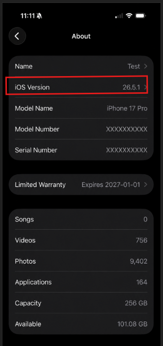 How to Find Your iPhone Model and iOS Version in Settings iPhone About screen showing iOS version, model name, storage capacity, and available storage in Settings
