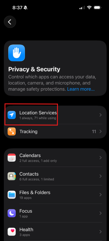 Location Services Screenshot menu with location services highlighted