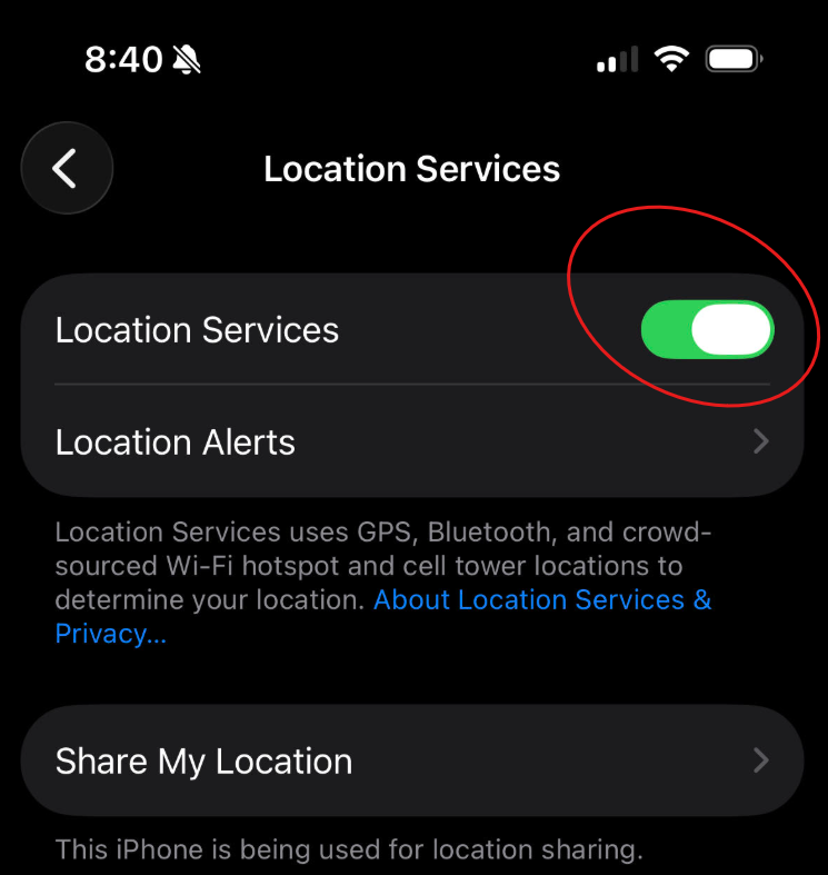 Location services turned on menu highlighting location services turned on