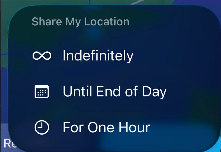 Share Duration Menu menu of different duration options for sharing location
