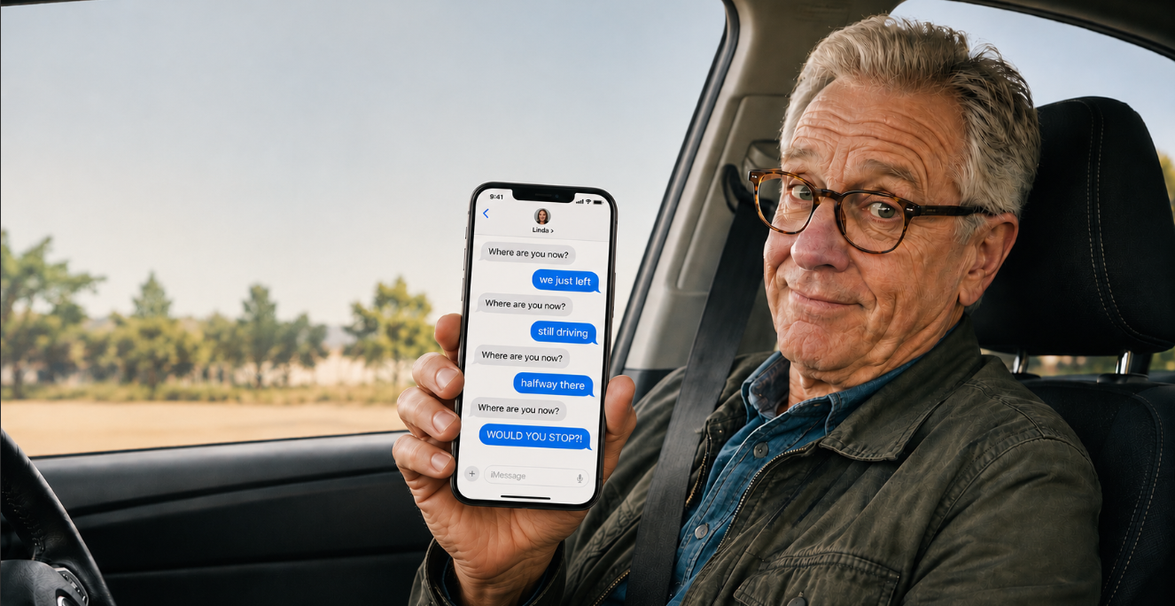 share-location-iphone Older man driving and showing his iPhone with repeated "Where are you now?" text messages, illustrating how to share your location on iPhone.
