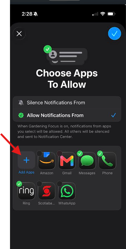 Arrow Pointing at Add Apps in Custom Focus Add Apps Menu