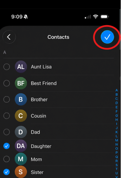 Contacts for selection to bypass Do Not Disturb