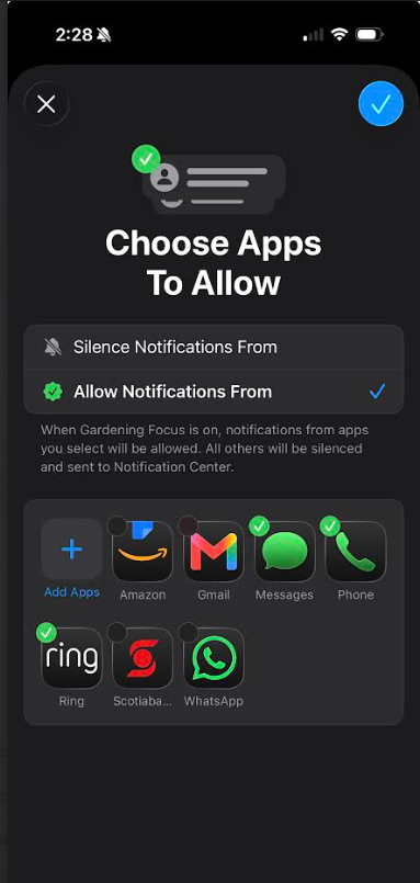 Custom Apps Selection Menu Custom Focus 2 with some apps de-selected