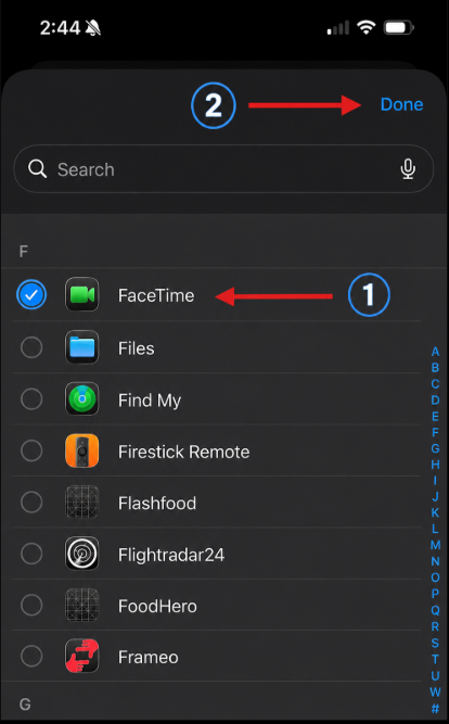 Example of Adding Facetime to Allowed Apps Notifications in Custom Focus Menu