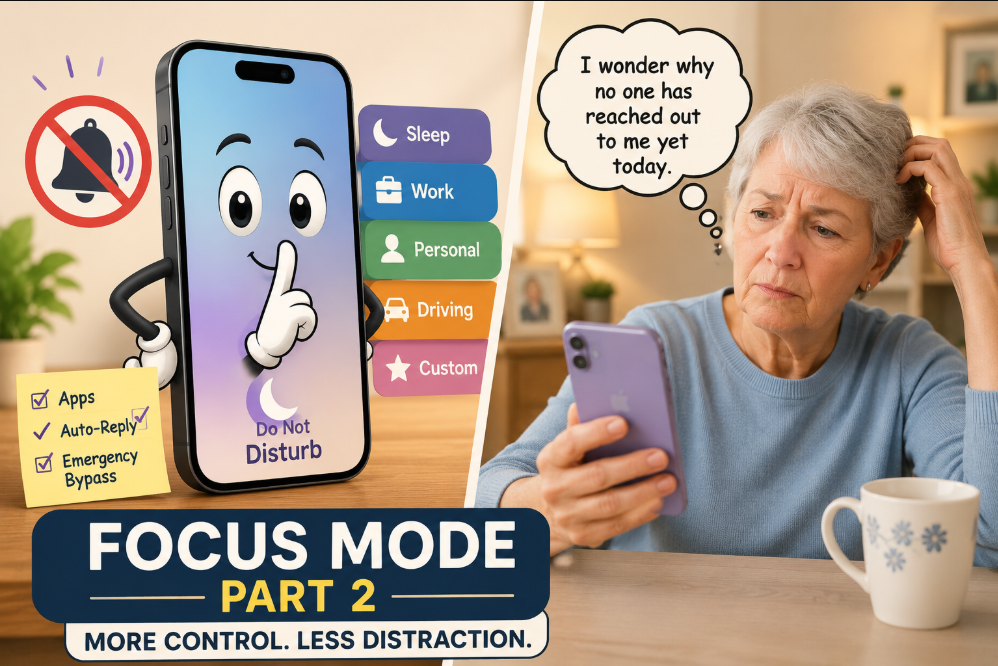 Woman confused why her phone is quiet, illustrating what is Focus mode on iPhone