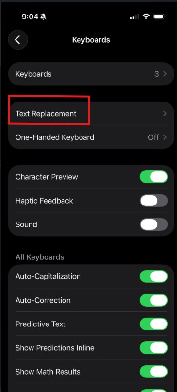text replacement highlighted