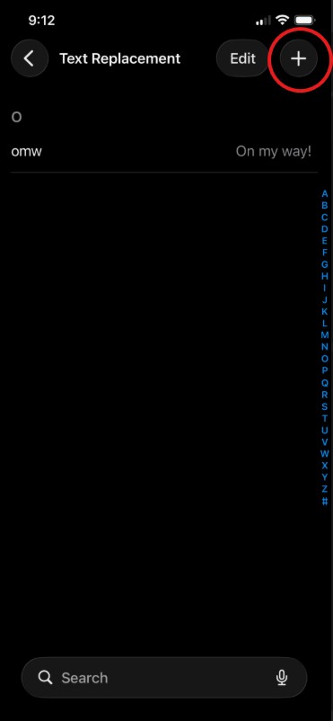 + sign highlighted in text replacement menu